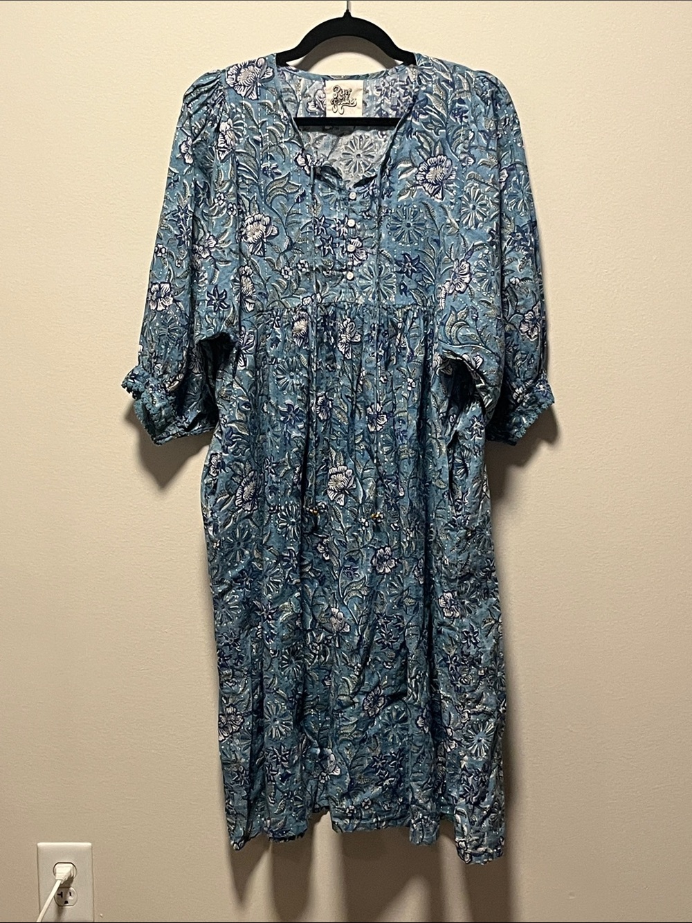 RIVER ISLAND Hawa Midi Dress, Blue Floral Button-Front Tunic, Size S/M